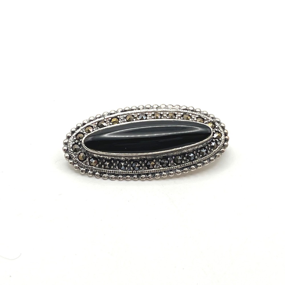 Vintage 925 Sterling Silver Black Onyx Marcasite Oval Brooch Pin Art Deco Style